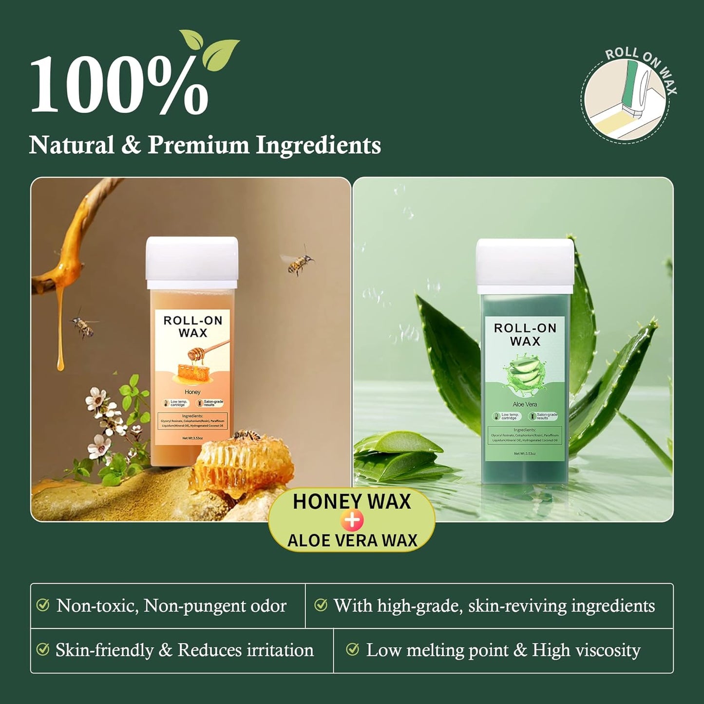 Roll On Wax, AVAII Wax Cartridge Refill, Unscented Depilatory Wax Roller Refill for Body Large Areas Hair Removal (4 Pack）