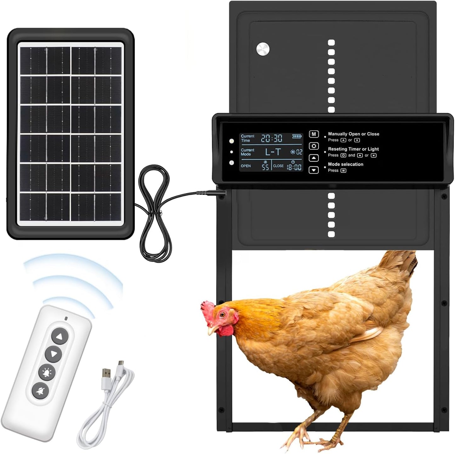 Automatic Chicken Coop Door Solar Powered Chicken Door with Timer & Light Sensor Aluminum Auto Chicken Coop Door Opener with Remote Control, Battery Operated & 4 Modes (Black Grey)