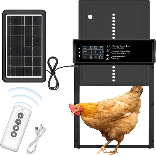Automatic Chicken Coop Door Solar Powered Chicken Door with Timer & Light Sensor Aluminum Auto Chicken Coop Door Opener with Remote Control, Battery Operated & 4 Modes (Black Grey)