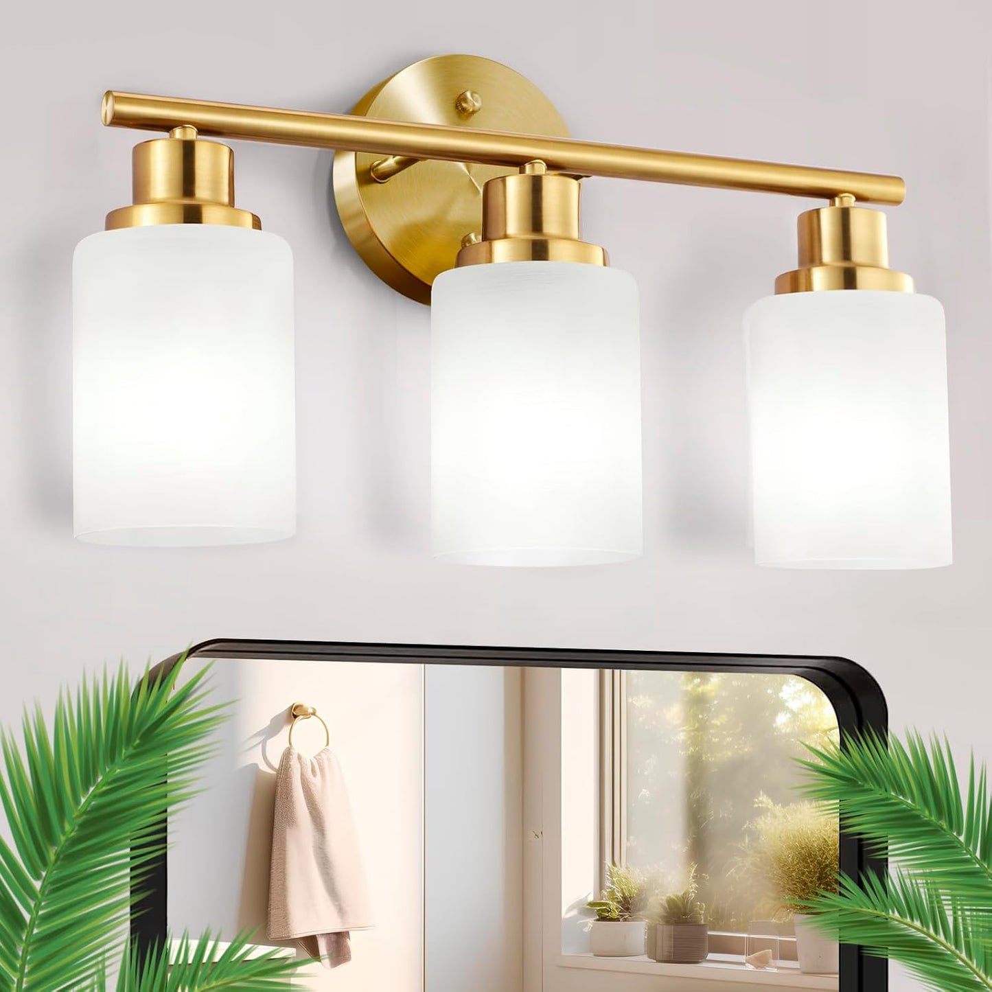 3-Light Gold Bathroom Light Fixtures, Modern Vanity Lighting Fixture Bathroom Lighting with Milky White Frosted Glass Shades Gold Lighting Fixtures for Bathroom Bedroom Living Room Porch