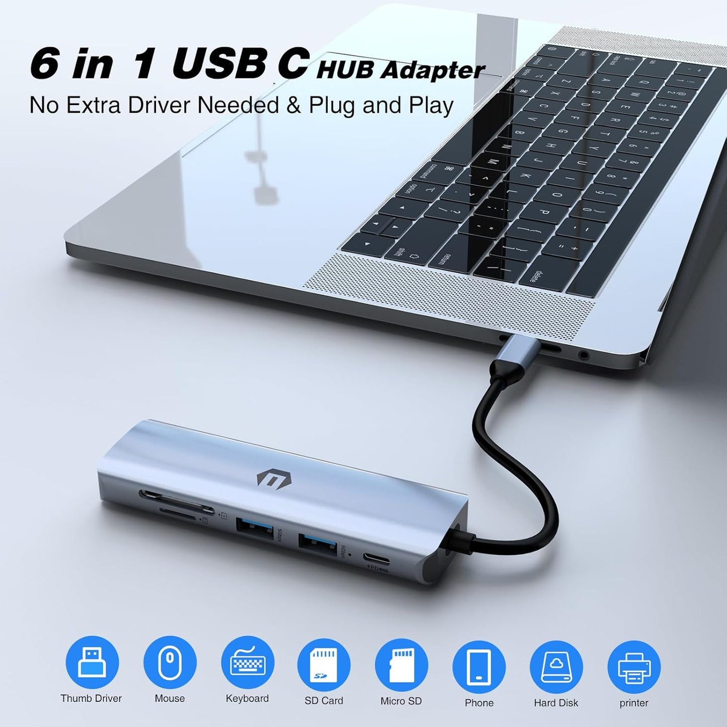 6 in 1 USB C Hub, HDMI, 100W PD, USB 3.0, TF