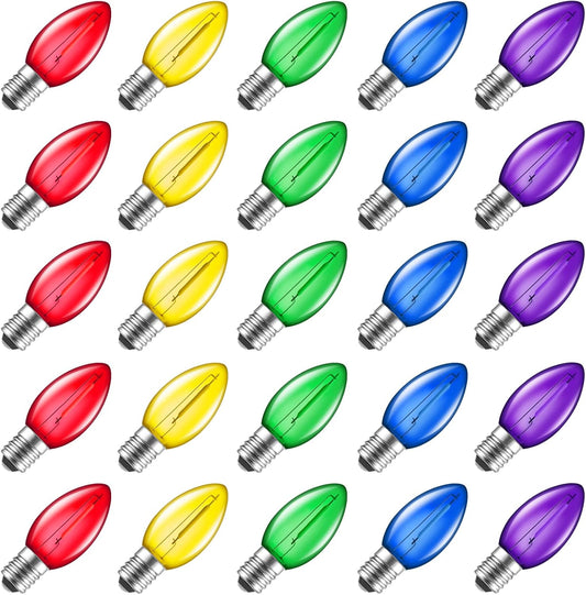 25 Pack Multicolor C7 Led Christmas Light Bulbs, C7 Replacement Light Bulbs for Outdoor Indoor Christmas String Lights, E12 Candelabra Base, Commercial Grade Holiday Bulbs for Decor Lighting