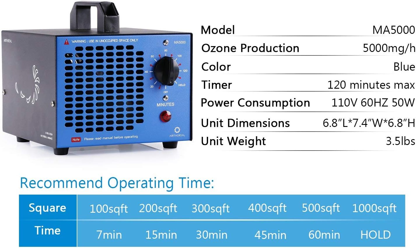 Airthereal MA5000 Ozone Generator, 2000sq.ft.