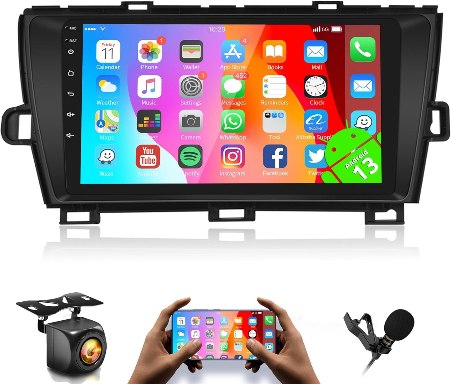 Android 13 Car Radio for Toyota Prius 2010-2015, Rimoody Car Stereo GPS Navigation WiFi Mirror Link 9 Inch Touchscreen Bluetooth FM/RDS EQ + Backup Camera