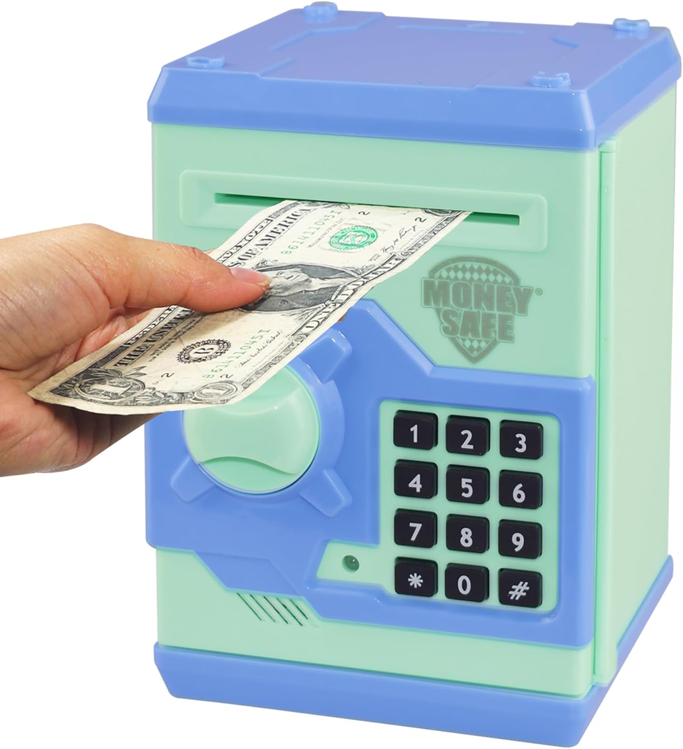 Mini ATM Piggy Bank ATM Machine Best Gift for Kids,Electronic Code Piggy Bank Money Counter Safe Box Coin Bank for Boys Girls Password Lock Case (Cyan)
