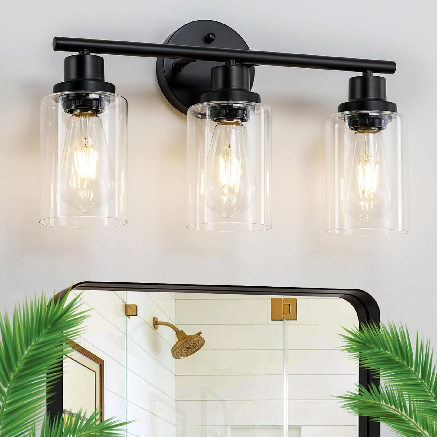 3-Light Bathroom Vanity Lights, Matte Black Vanity Lights Modern Bathroom Light Fixture with Clear Glass Shades Bathroom Wall Sconce Lighting for Mirror Living Room Hallway Bedroom, E26 Base