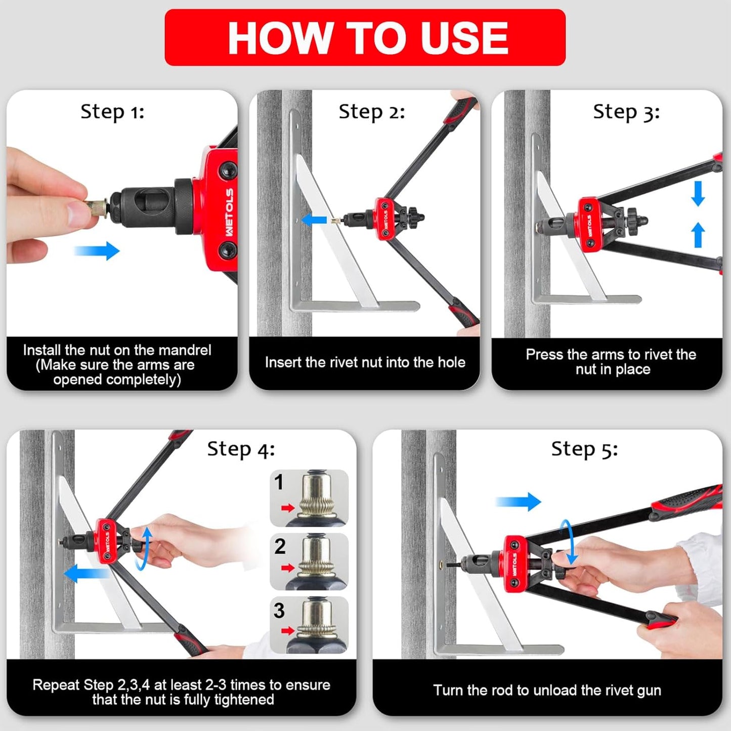 WETOLS Rivet Nut Tool, Hand Rivet, 7 Mandrels