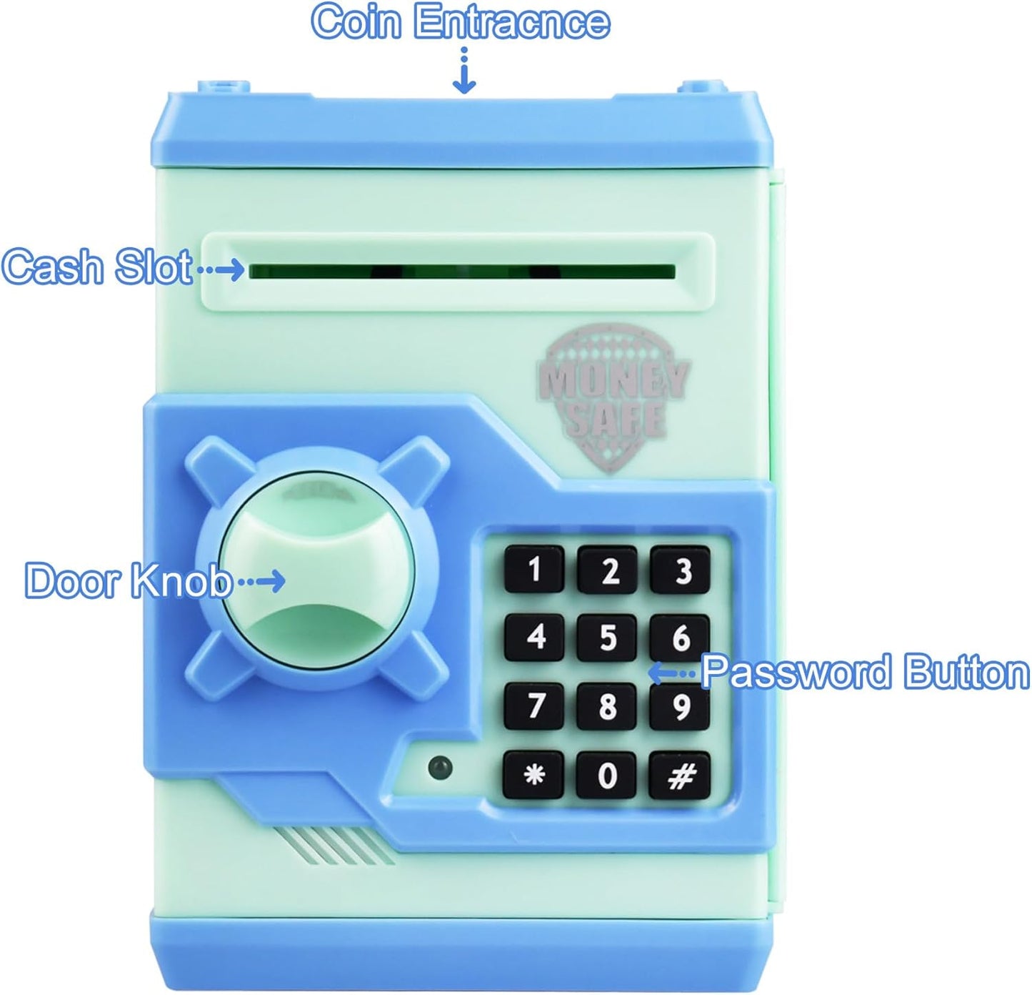 Mini ATM Piggy Bank ATM Machine Best Gift for Kids,Electronic Code Piggy Bank Money Counter Safe Box Coin Bank for Boys Girls Password Lock Case (Cyan)