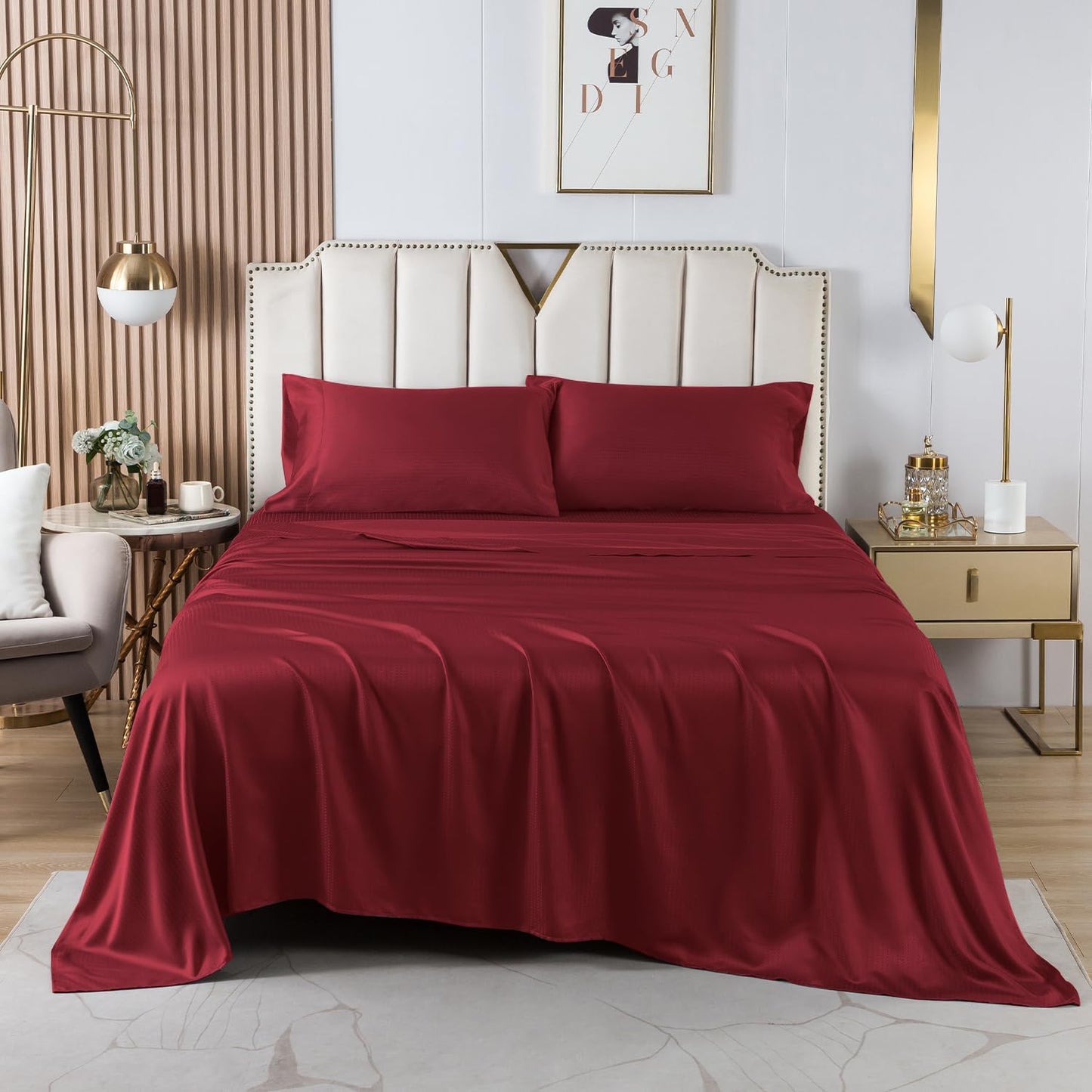 King Sheet Set Deep Pocket, King Bed Sheets Soft Cooling, Microfiber Sheet Sets King Size, Hotel Luxury Breathable Soft Sheets, Burgundy
