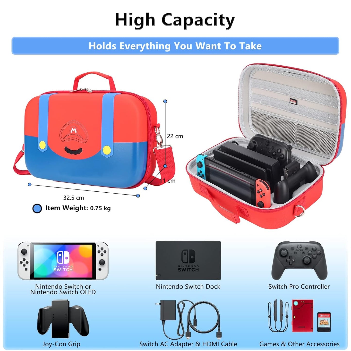 Dronside Mario Carrying Case for Nintendo Switch / Switch OLED - Portable Hard Travel Storage Messenger Bag for Nintendo Switch Console Pro Controller Accessories