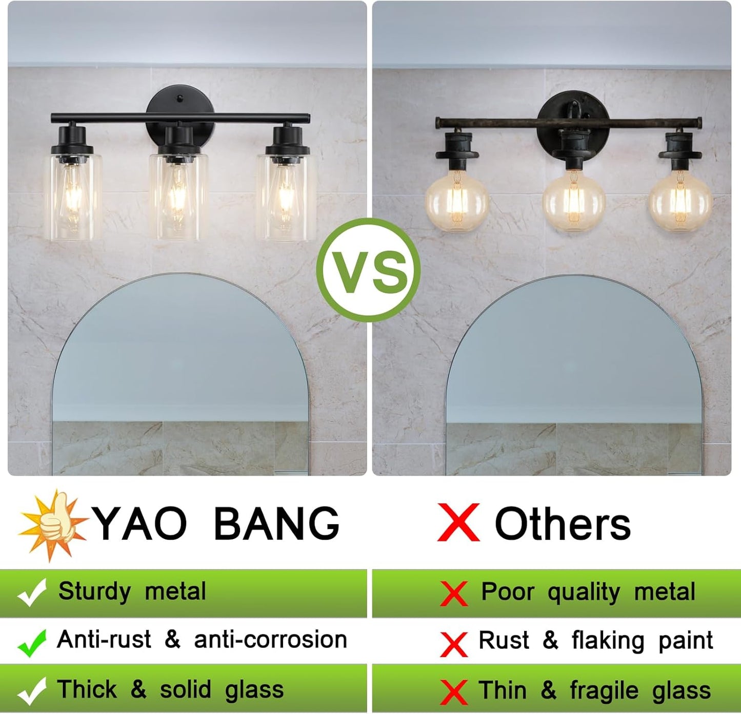 3-Light Bathroom Vanity Lights, Matte Black Vanity Lights Modern Bathroom Light Fixture with Clear Glass Shades Bathroom Wall Sconce Lighting for Mirror Living Room Hallway Bedroom, E26 Base