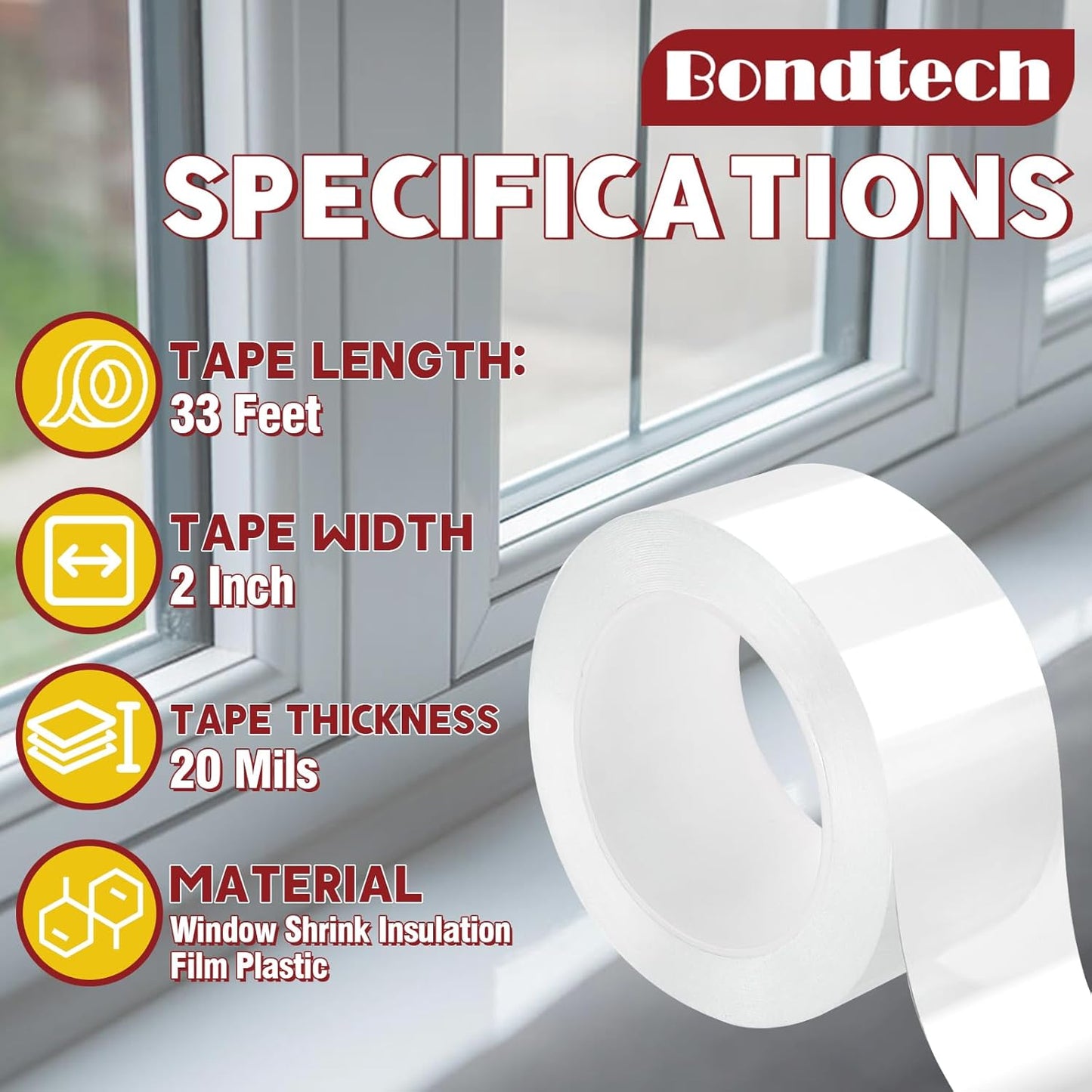 Bondtech Transparent Window Weather Sealing Tape, Window Sealing Tape, Draft Stopper & Insulation for Doors, Shower Glass Gaps, No Residue (2 Inch x 33Feet *1)