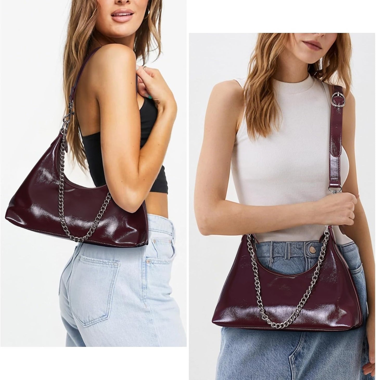 JQWSVE Crescent Shoulder Bags for Women Y2k Purse Hobo Handbag Trendy Glossy Leather Crossbody Bag with Adjustable Strap