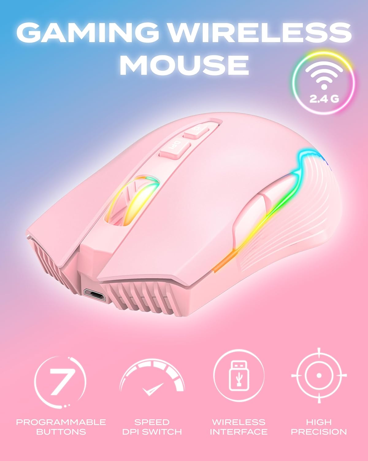 Aimzone Pink RGB USB Wireless Gaming Mouse