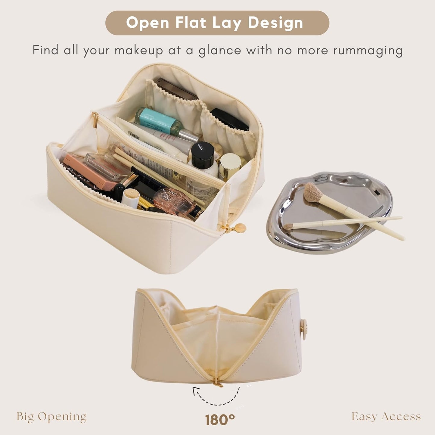 Travel Cosmetic Bag, Upgraded PU Leather Large Capacity Portable Makeup Box with Compartments & Mash Bag Multifunctional Storage Toiletry Bag (Pink)