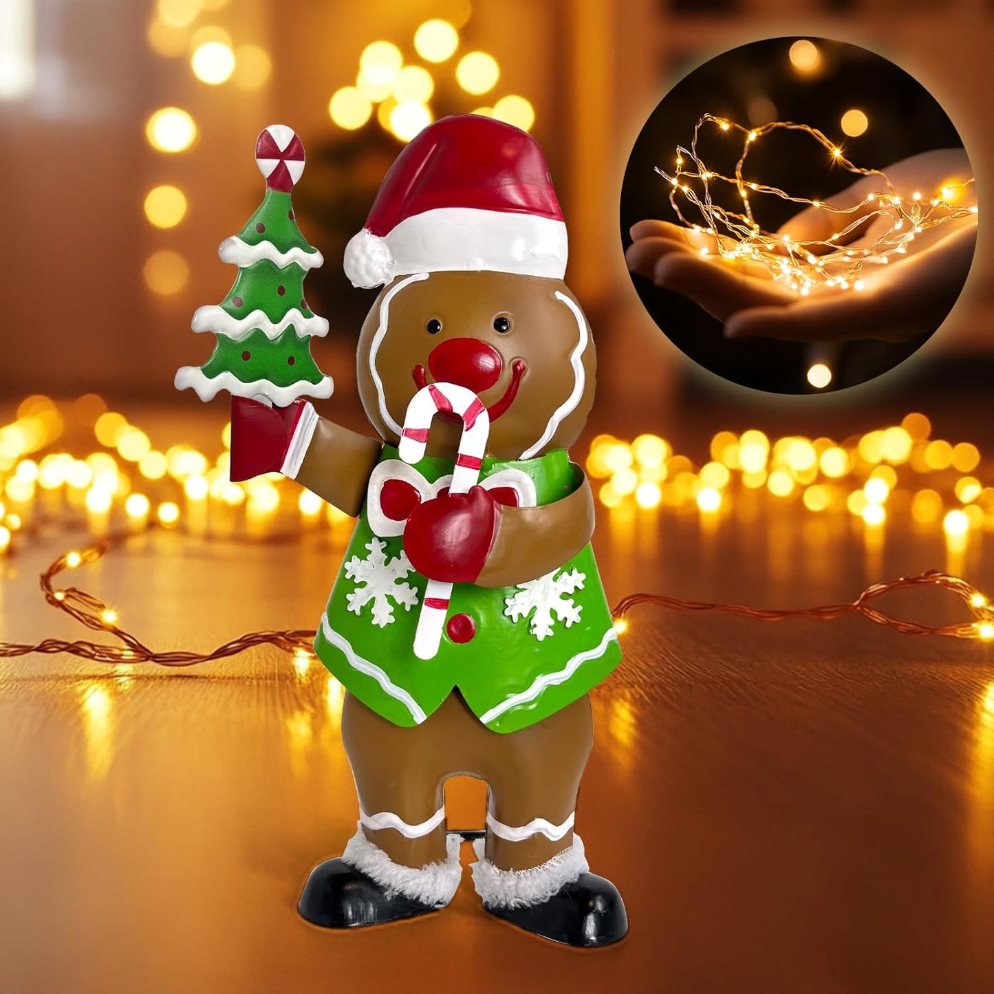 LIFFY Gingerbread Man Statue Christmas Decoration - Handmade Christmas Figurines for Indoor Home Decor - Unique Gift Ideas, with DIY Lights for Warm Holiday Decor