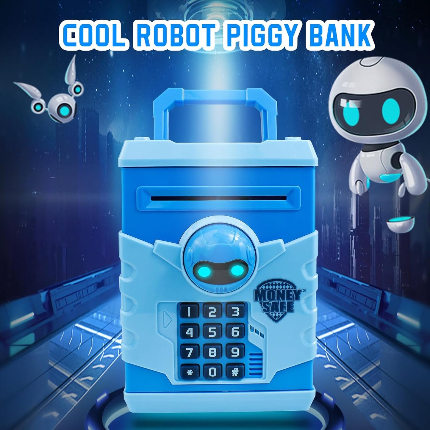 Mini ATM Piggy Bank ATM Machine Best Gift for Kids,Electronic Code Piggy Bank Money Counter Safe Box Coin Bank for Boys Girls Password Lock Case (Blue Robot)