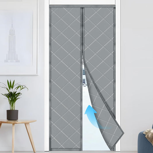 Magnetic Thermal Insulated Door Curtain, Fits Door Size 32" x 80", Thicker Fabric Cloth Filled with Cotton, Soundproof Weatherproof Cover Screen Mesh for Sliding Glass/Front Doors (Gray, 32'' x 80'')