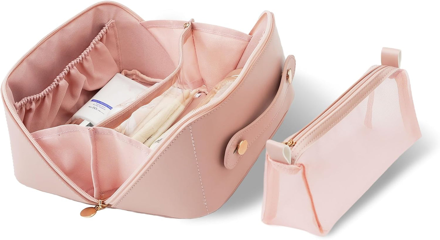 Travel Cosmetic Bag, Upgraded PU Leather Large Capacity Portable Makeup Box with Compartments & Mash Bag Multifunctional Storage Toiletry Bag (Pink)