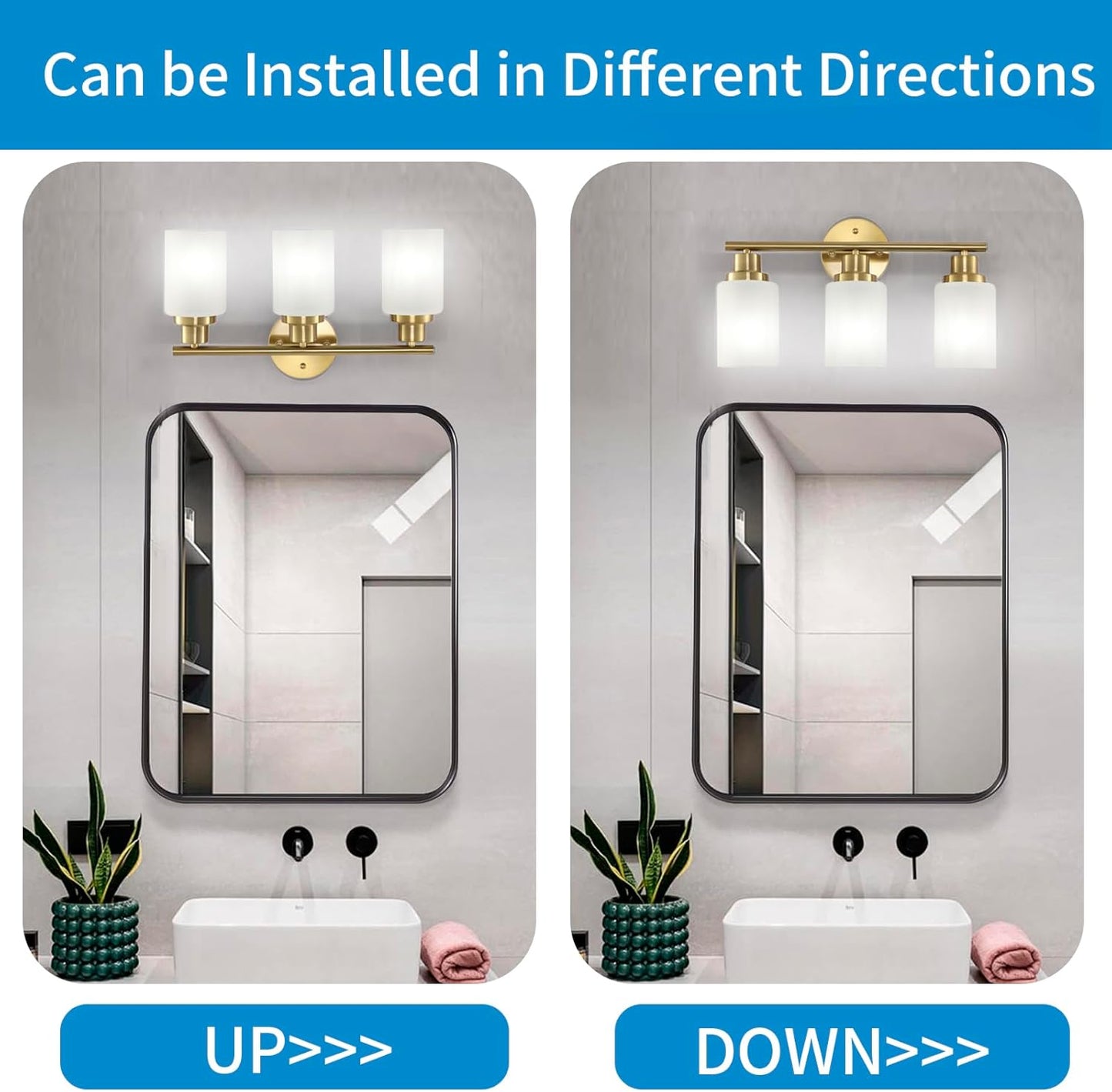 3-Light Gold Bathroom Light Fixtures, Modern Vanity Lighting Fixture Bathroom Lighting with Milky White Frosted Glass Shades Gold Lighting Fixtures for Bathroom Bedroom Living Room Porch