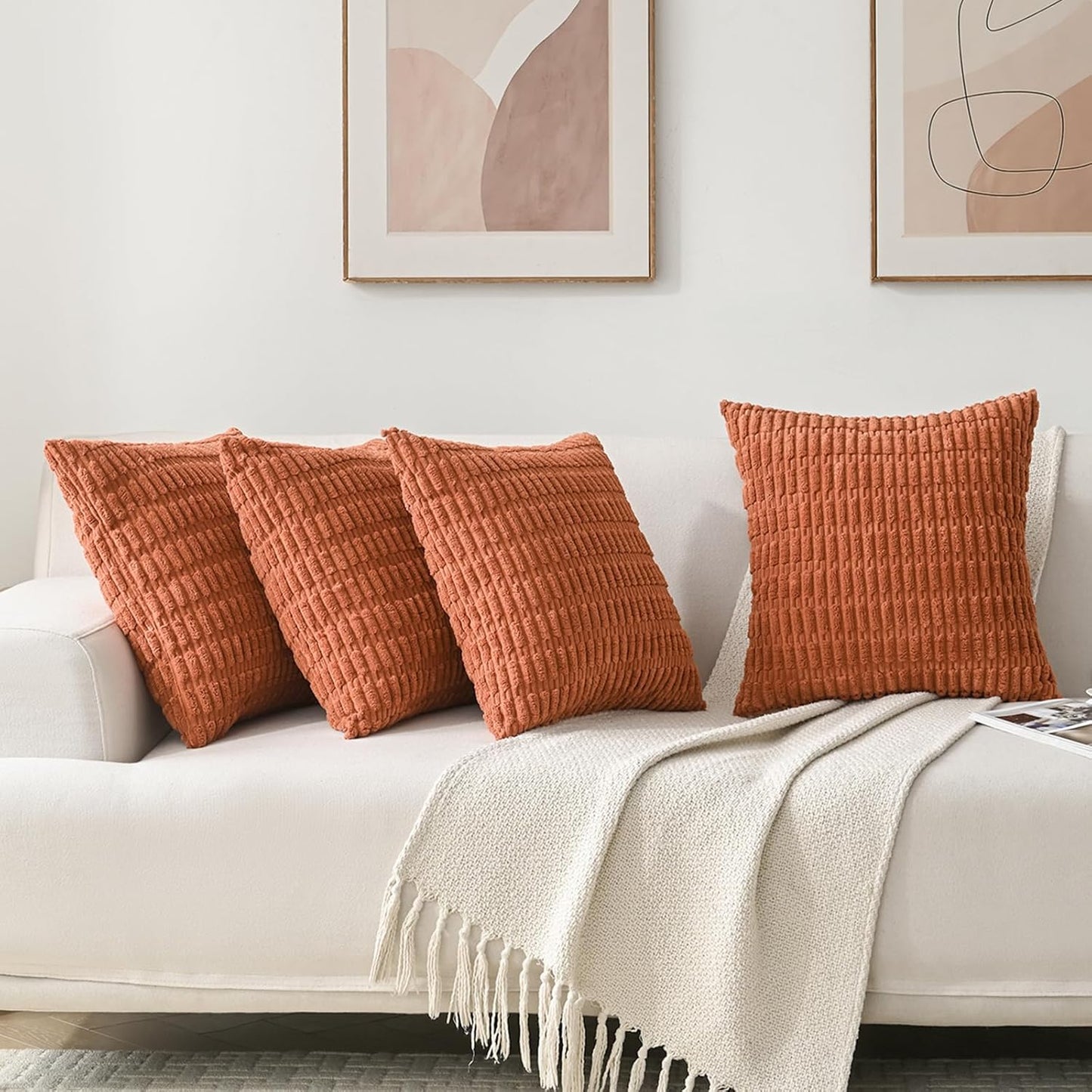 Volcanics Pack of 4 Rust Corduroy Fall Decorative Throw Pillow Covers 18x18 Inch, Soft Plush Boho Striped Square Cushion Cases, Modern Rustic Farmhouse Home Decor