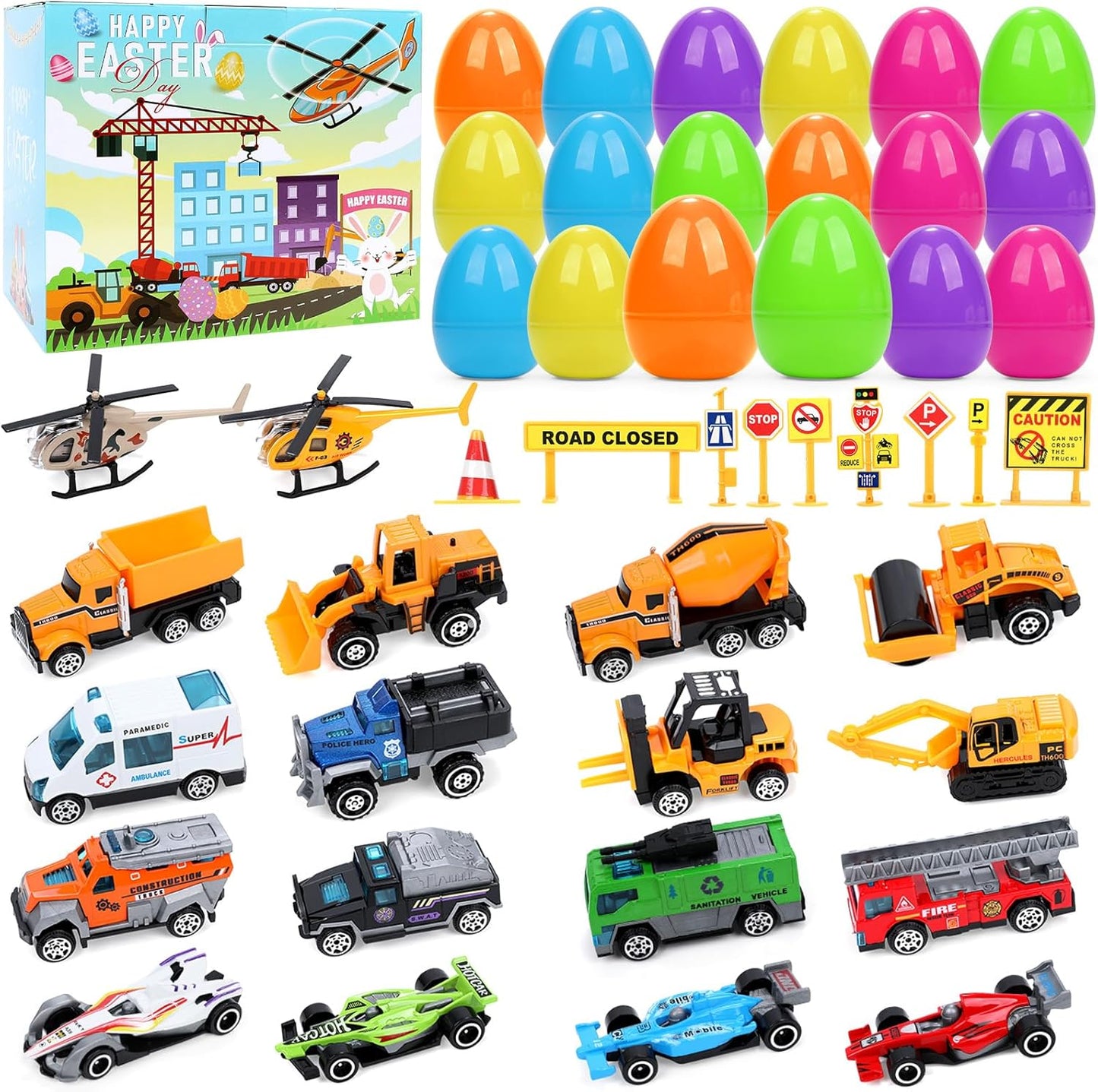 Easter Basket Stuffers Kids Toddlers - 18 PCS Easter Egg Fillers Vehicle Toys with Plastic Easter Eggs, Easter Basket Fillers Egg Hunt Party Favors Easter Gifts for Kids Boys Girls