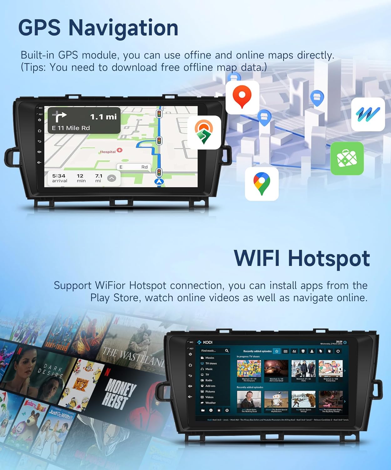 Android 13 Car Radio for Toyota Prius 2010-2015, Rimoody Car Stereo GPS Navigation WiFi Mirror Link 9 Inch Touchscreen Bluetooth FM/RDS EQ + Backup Camera