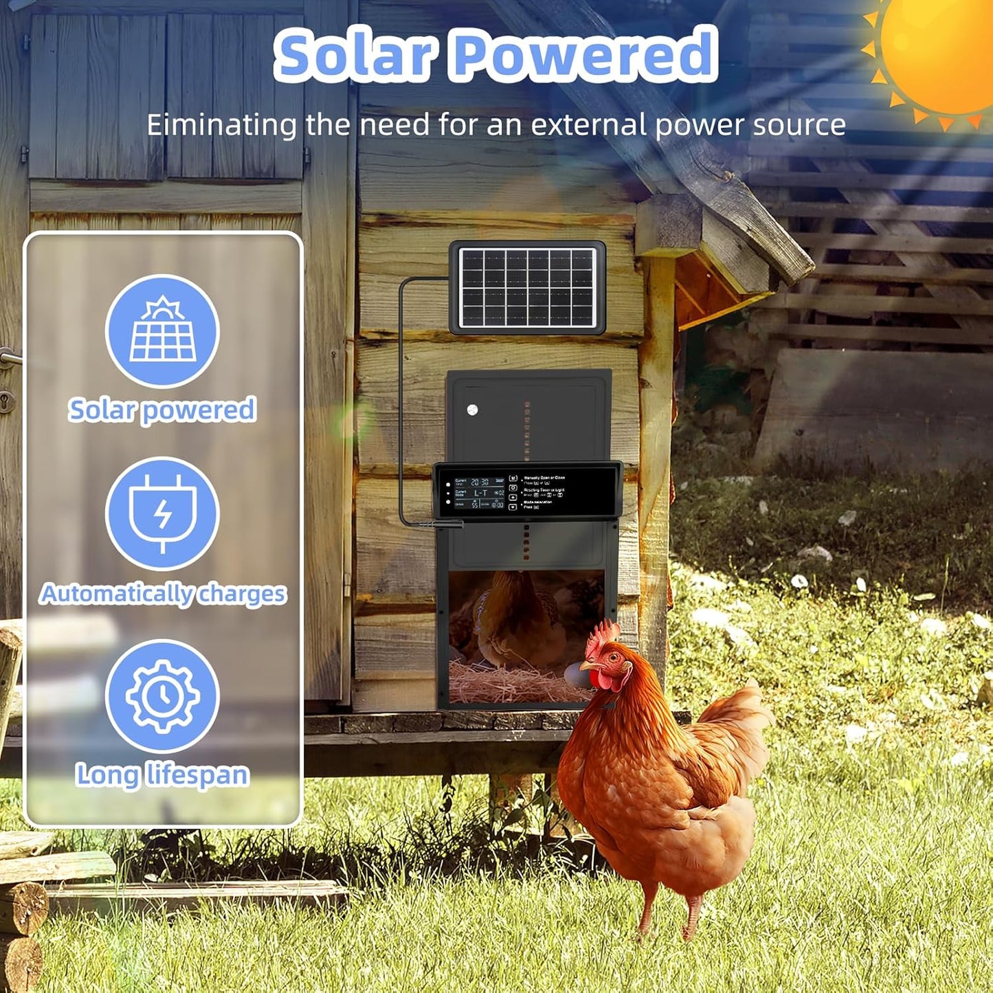 Automatic Chicken Coop Door Solar Powered Chicken Door with Timer & Light Sensor Aluminum Auto Chicken Coop Door Opener with Remote Control, Battery Operated & 4 Modes (Black Grey)