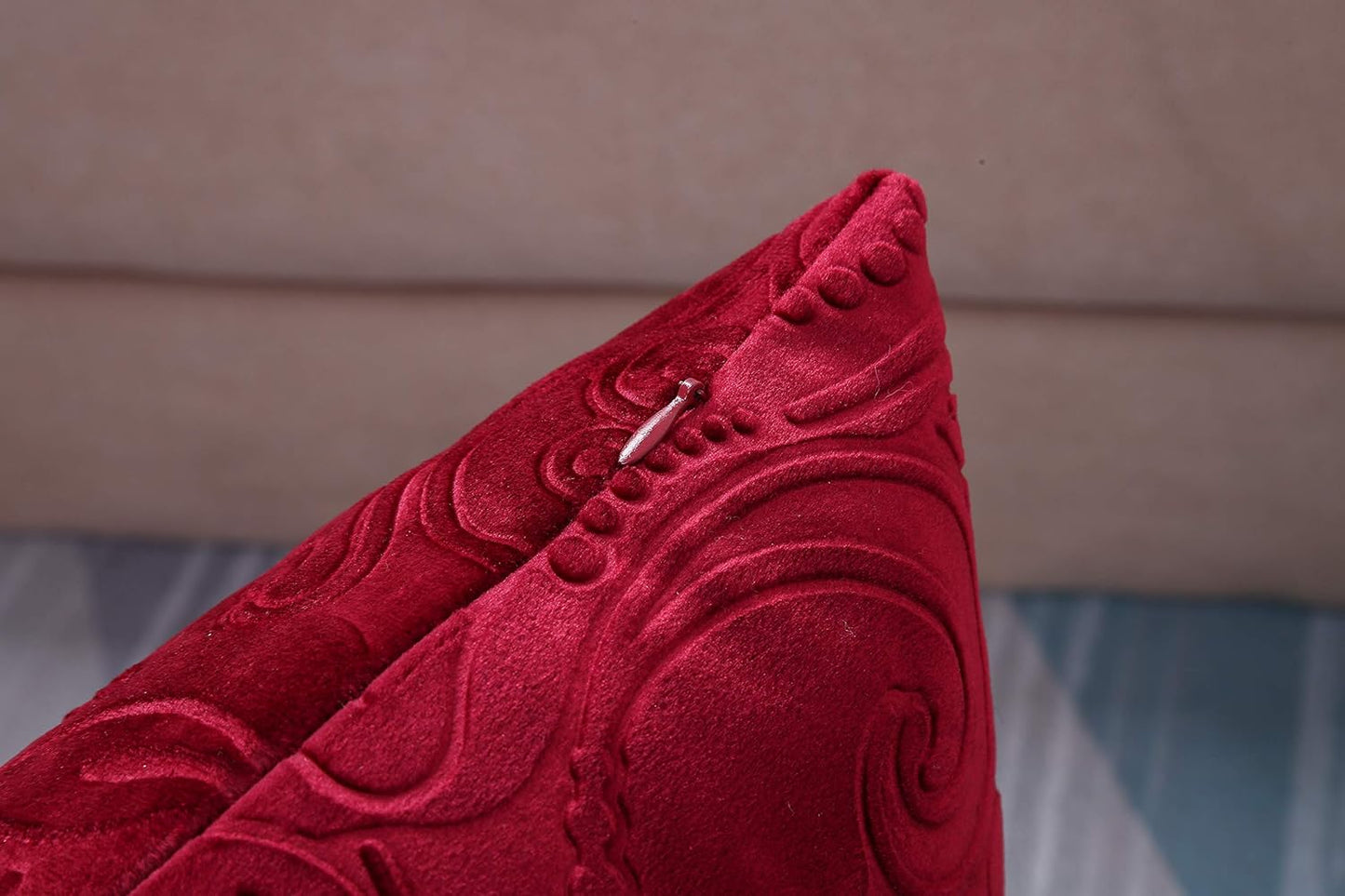 TangDepot Heavy Velvet Embossing Throw Pillow Cover, Classis Floral Anaglyph Velvet Fabric, Decorative Pillow Cover, Indoor/Outdoor Pillows Shell, Cushion Cover - (18" x 18", C07 Deep Red)