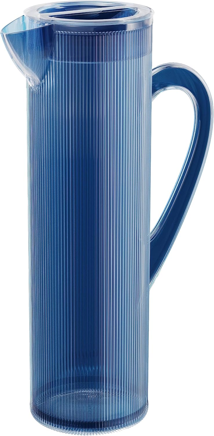 elle decor Acrylic Water Pitcher with Lid | Indigo Blue Tall Jug | Plastic Juice Carafe for Iced Coffee, Mimosa Bar, Lemonade, and Orange Juice | 50-Ounces Iced Tea Pitcher for Fridge
