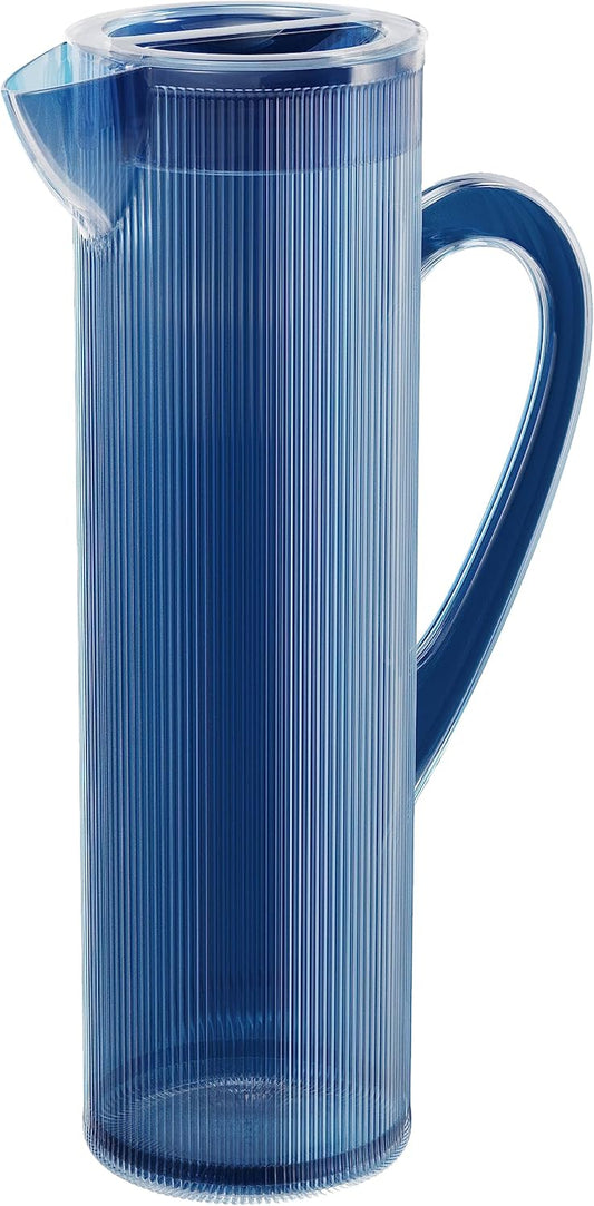 elle decor Acrylic Water Pitcher with Lid | Indigo Blue Tall Jug | Plastic Juice Carafe for Iced Coffee, Mimosa Bar, Lemonade, and Orange Juice | 50-Ounces Iced Tea Pitcher for Fridge