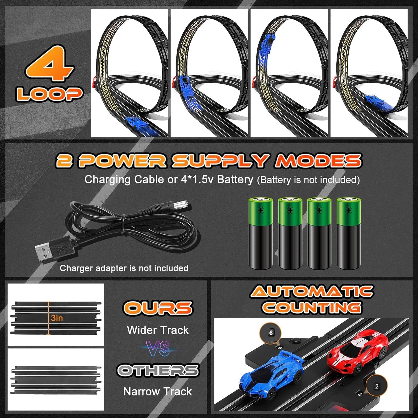 Slot Car Race Track Set 1:64 Scale, Ages 6-12