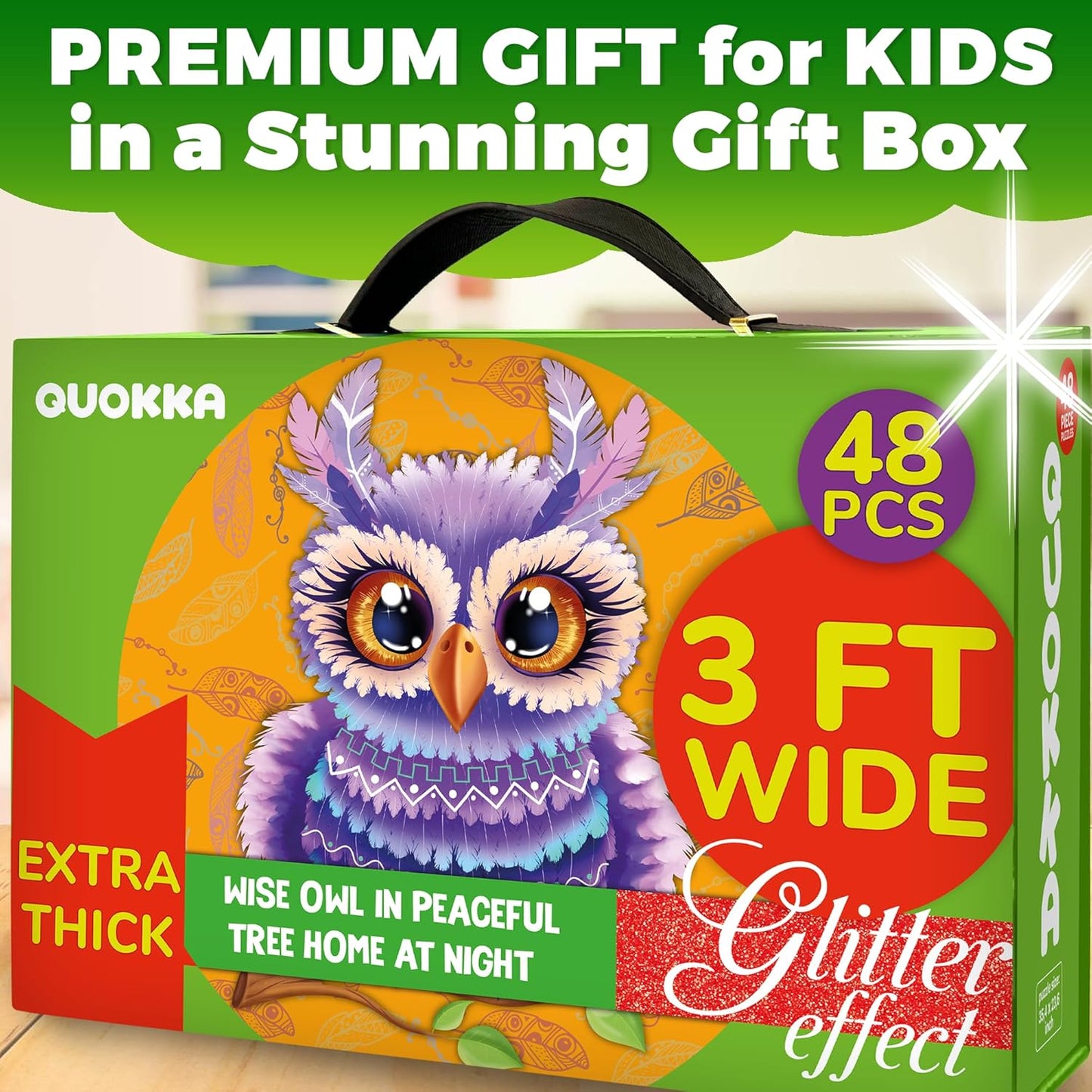 QUOKKA Glitter Floor Puzzles for Kids Ages 3-5 - 2x3 Feet 48 Piece Puzzles for Toddlers 2-4 - Shaped Large Giant Educational Toddler Puzzles Ages 24+ Months - Owl Toy Activity Game for Boys and Girls