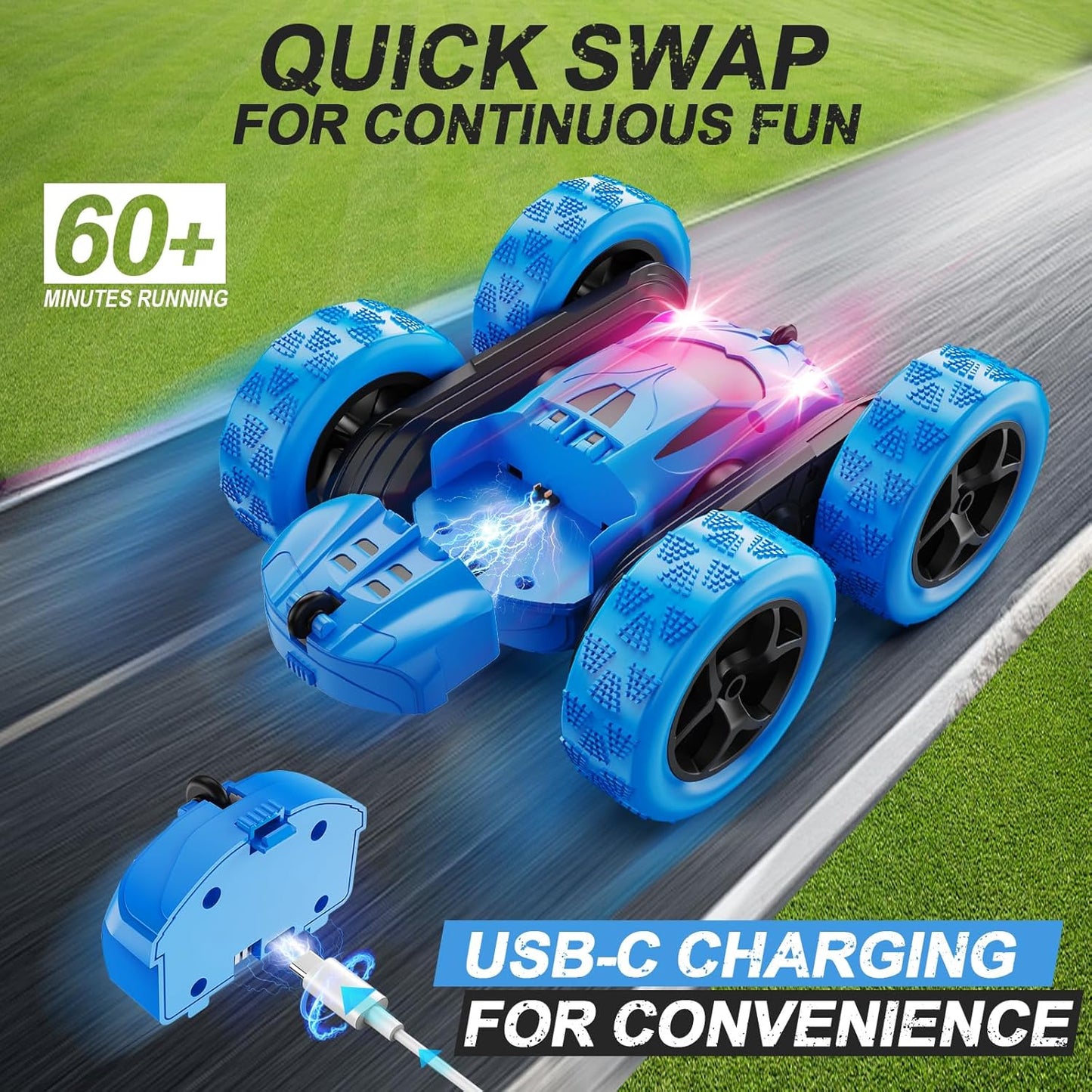 QUNREDA RC Stunt Car 4WD 360° Rotating Blue
