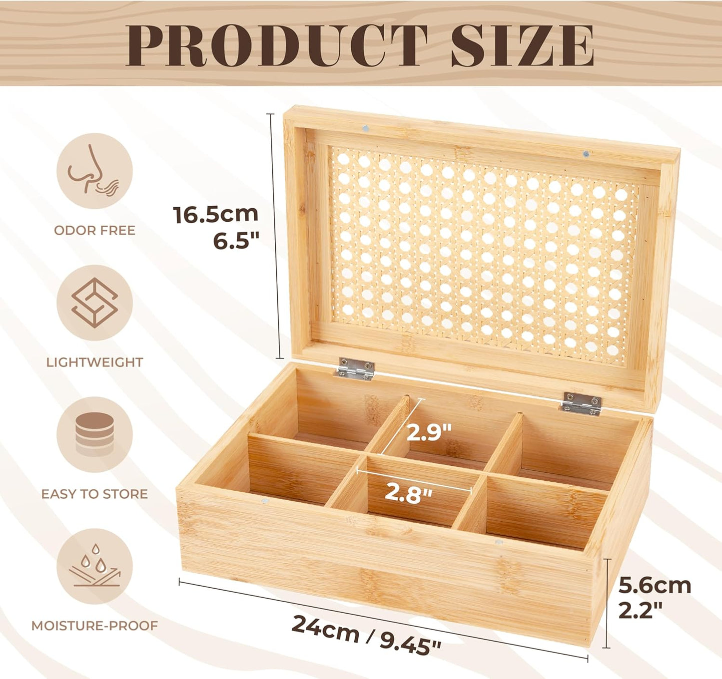 CARTMAN 1 Pack Bamboo Tea Bag Organizer, Tea Bag Drawer Storage Organizer Holder with 6 Compartments, Tea Chest Box for Coffee Station, Sugar Packet, Sweeteners, Small Packets