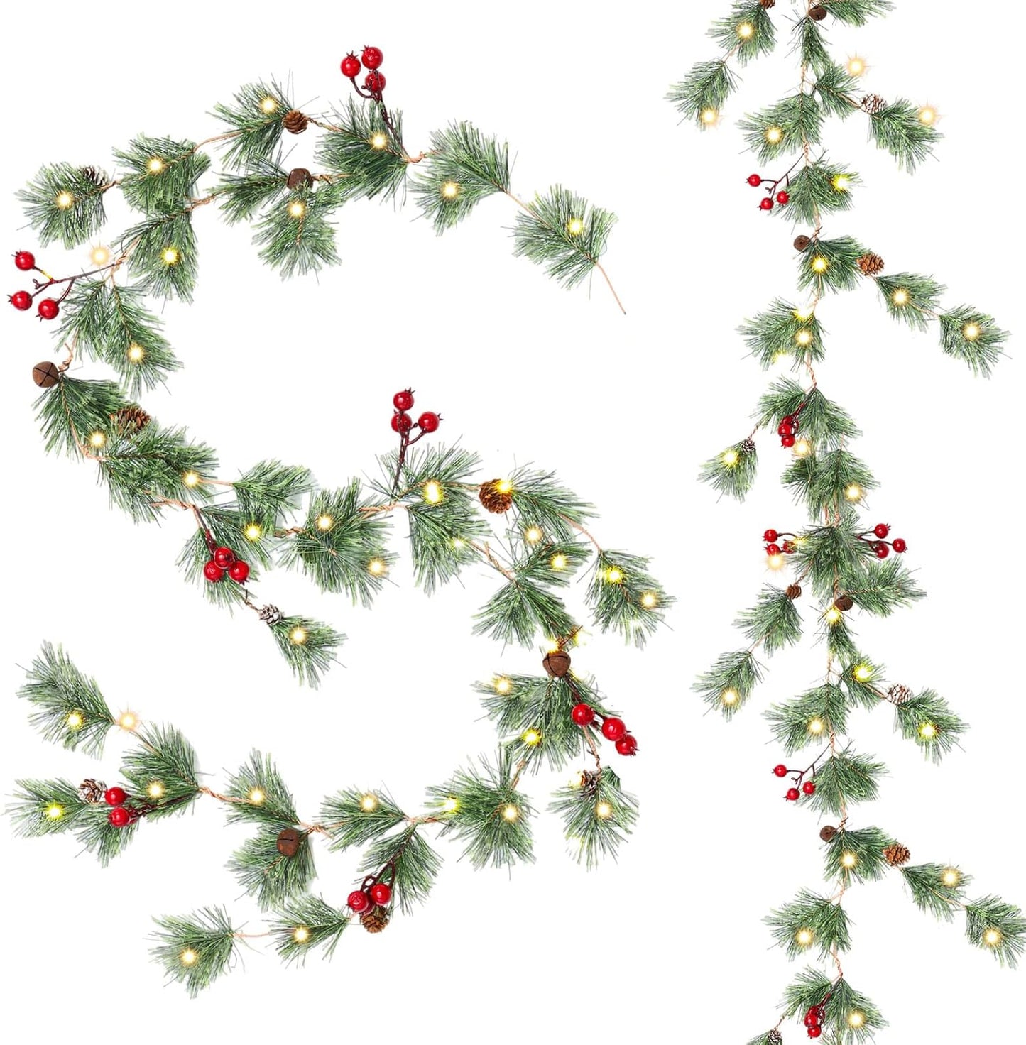 CEWOR 2 Pack 6 Feet Christmas Smokey Pine Garland Artificial Winter Snow Garland with 50 LED for Christmas Indoor Outdoor Decor