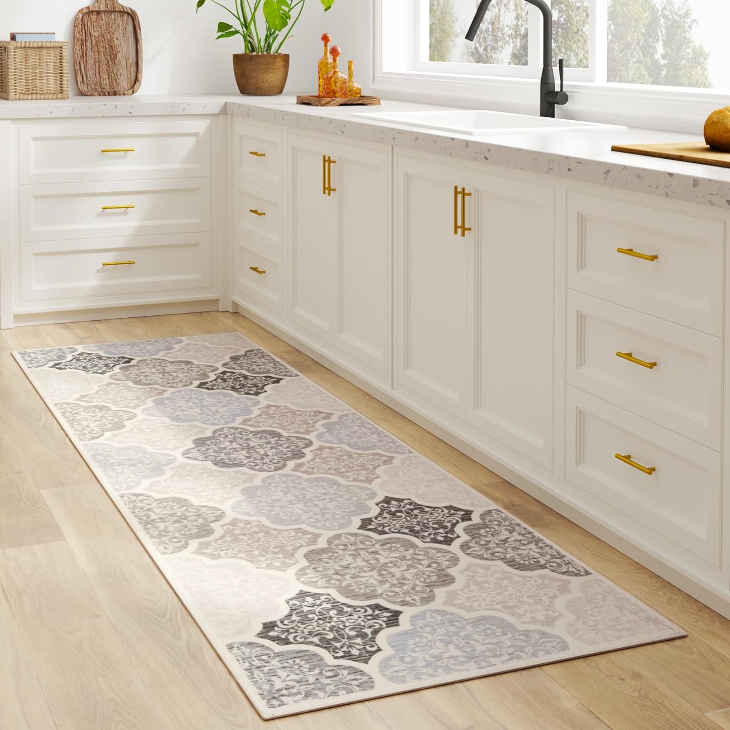 jinchan Kitchen Runner Rug 2x8 Moroccan Floral Hallway Washable Rug Lattice Runner Non Slip Accent Medallion Thin Carpet for Bedroom Bathroom Laundry Living Room Grey