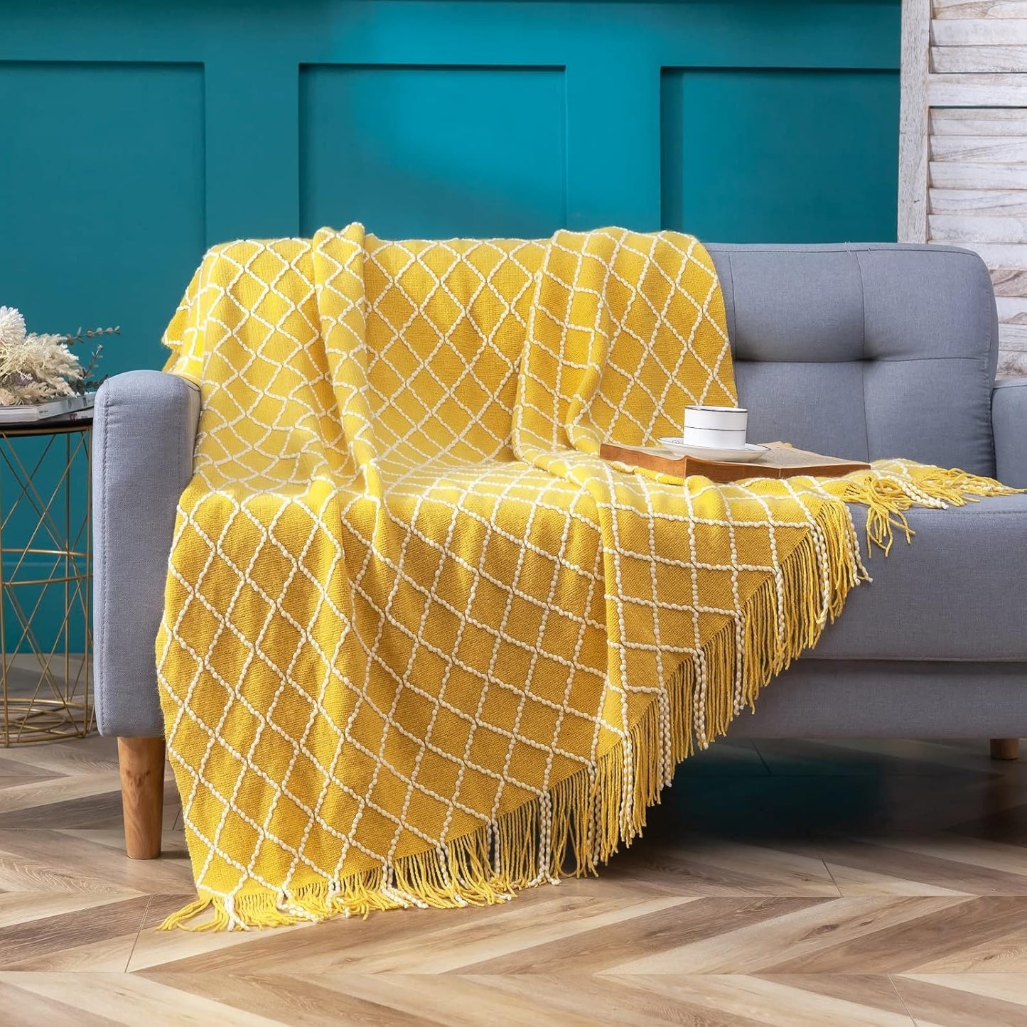 QUILTINA Bohemian Yellow Knitted Throw Blanket for Couch, 700G/SM Thick Soft Lightweight Warm Sofa & Bed Throw Blanket with Tassels for All Seasons and Decoration Use (50"x64")