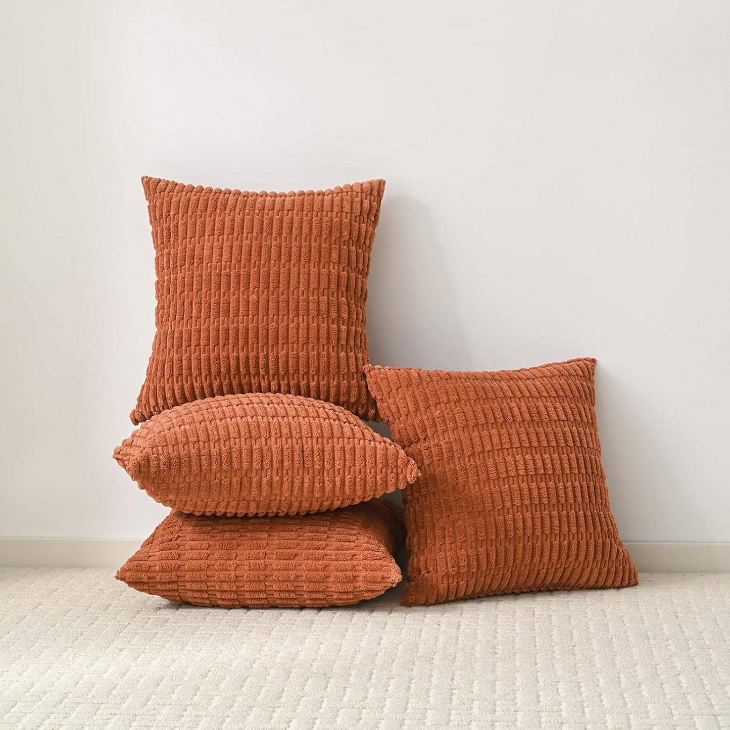 Volcanics Pack of 4 Rust Corduroy Fall Decorative Throw Pillow Covers 18x18 Inch, Soft Plush Boho Striped Square Cushion Cases, Modern Rustic Farmhouse Home Decor
