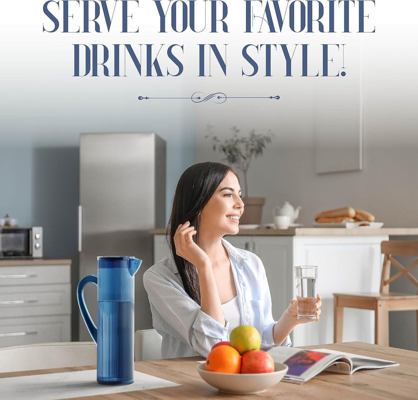 elle decor Acrylic Water Pitcher with Lid | Indigo Blue Tall Jug | Plastic Juice Carafe for Iced Coffee, Mimosa Bar, Lemonade, and Orange Juice | 50-Ounces Iced Tea Pitcher for Fridge