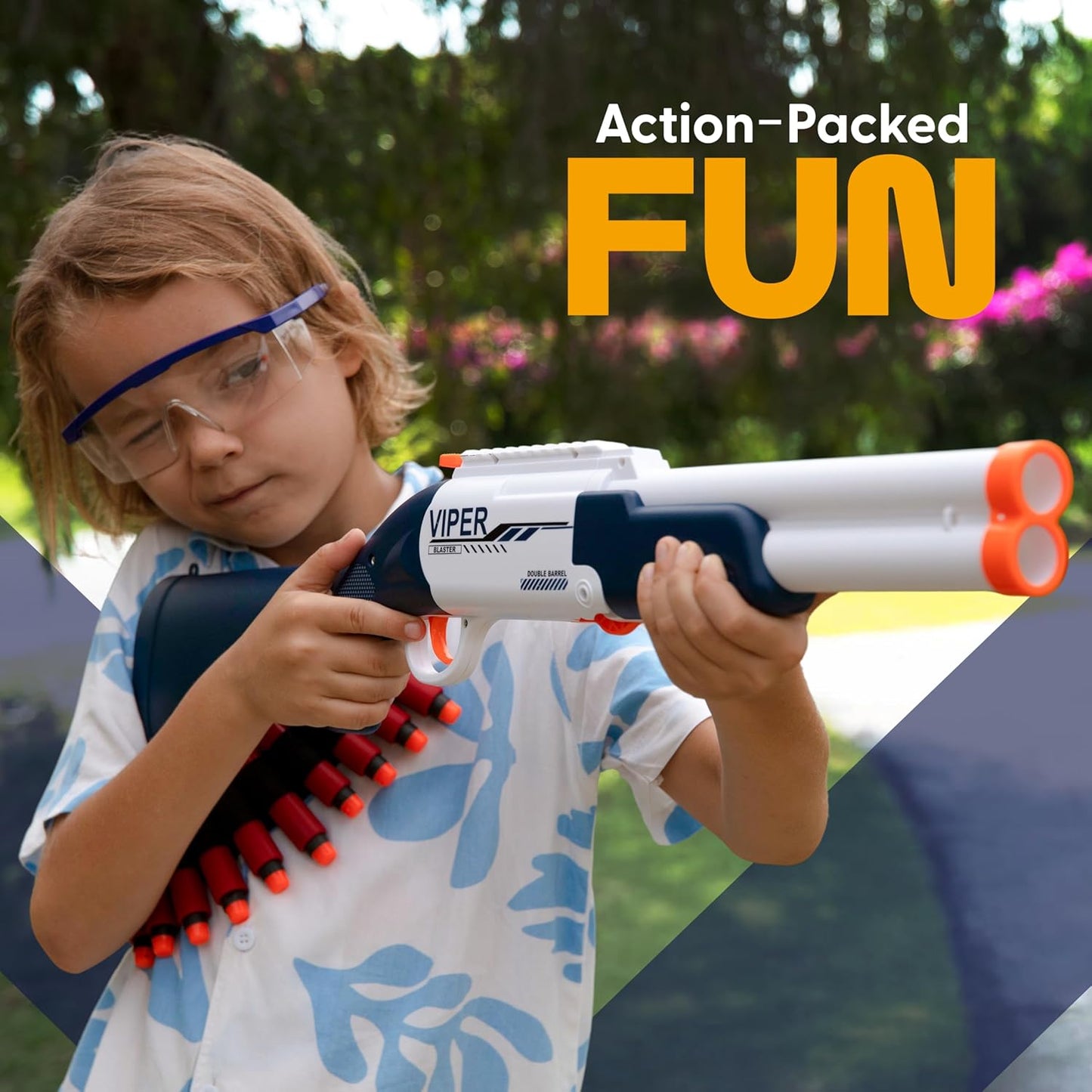 Toy Double Barrel Shotgun with Ejecting Shells - Foam Dart Blaster Including Ammunition Belt, 40 Darts, 12 Shells & Red Dot Sight - Realistic Reloading Action for Kids Aged 8-12