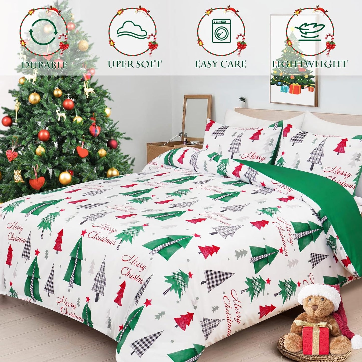 FRAMICS 3 Piece Christmas Duvet Cover King Size, Christmas Tree Duvet Cover Set with Zipper Closure, Merry Christmas Comforter Cover Set 1 Duvet Cover 104 x 90 inches & 2 Pillow Shams, Green