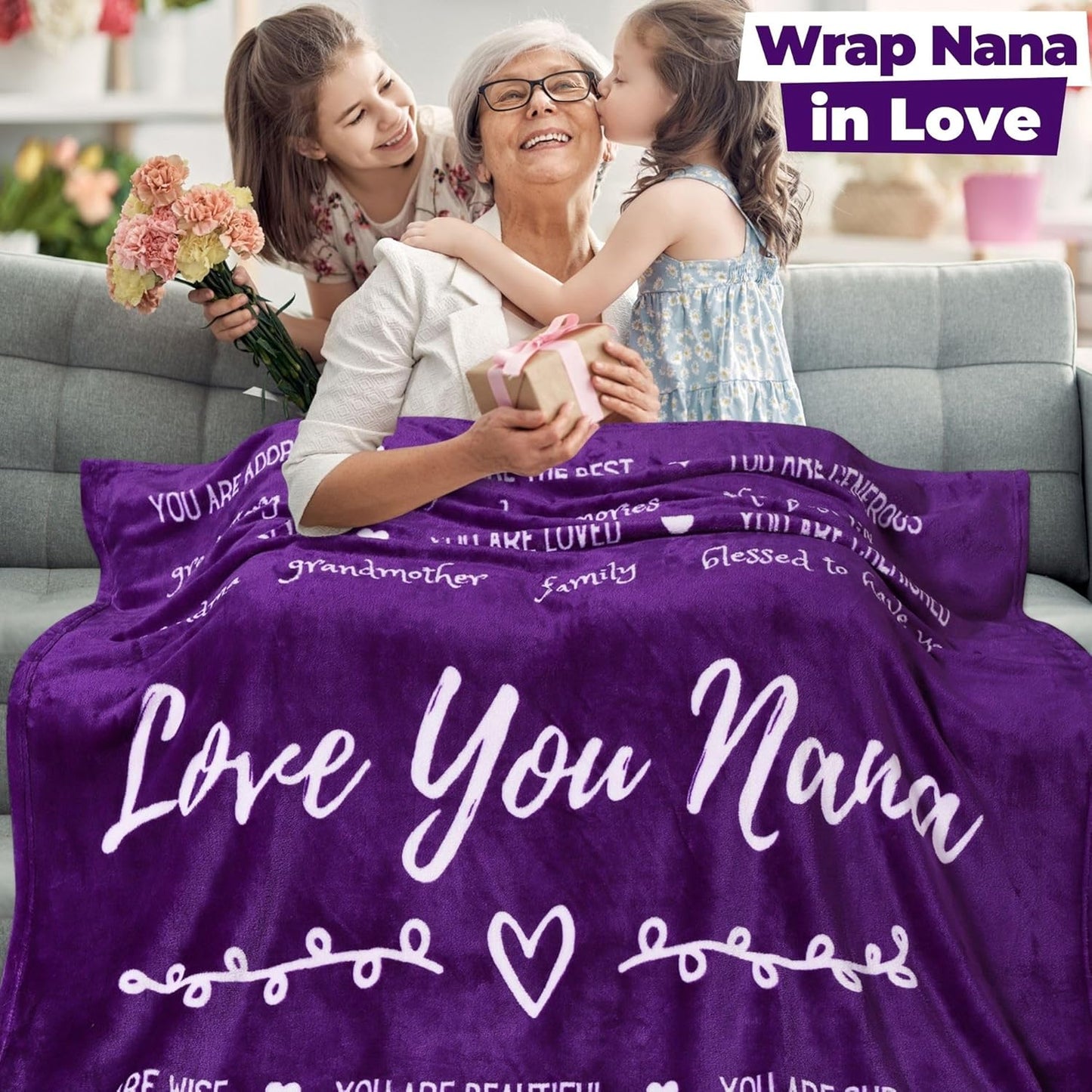FILO ESTILO Nana Gifts from Grandkids for Mothers Day, Nana Blanket from Grandchildren, Throw from Granddaughter, Grandson for Birthday, 50x60 Inches (Purple, Fleece)