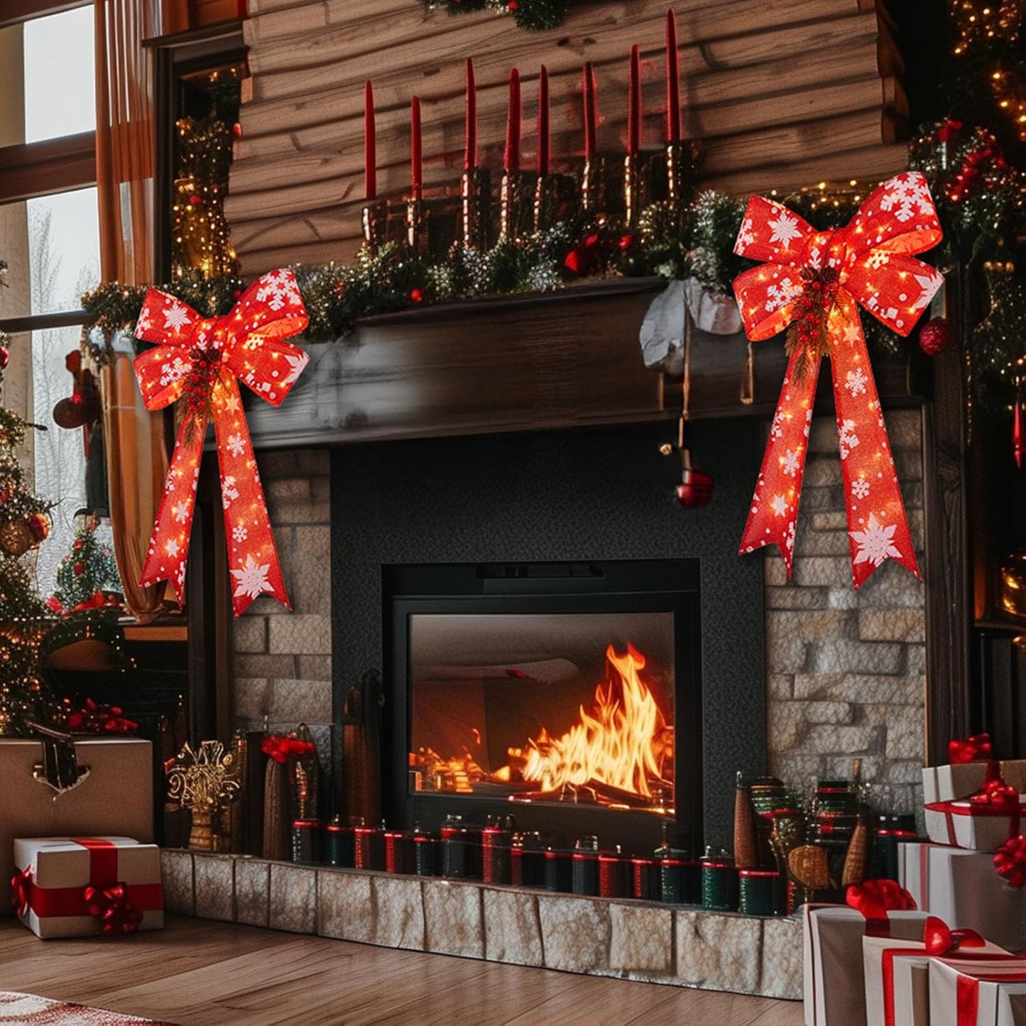 Red Bows Christmas Decorations with 45LED Lights, 24''x16'' Wreath Bow, Outdoor Christmas Bows with Snowflake Red Berries Pine Cone Needles for Front Door Wreath Home