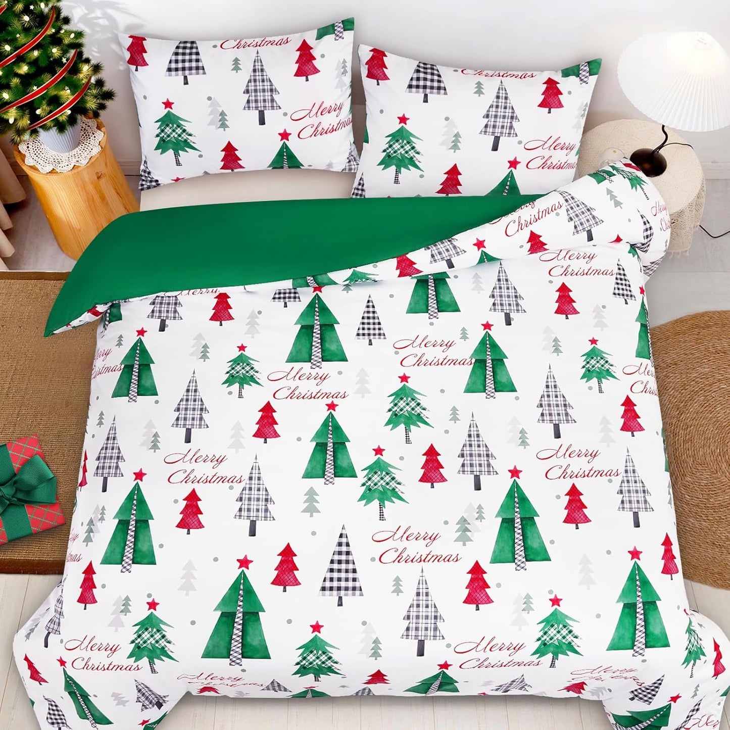 FRAMICS 3 Piece Christmas Duvet Cover King Size, Christmas Tree Duvet Cover Set with Zipper Closure, Merry Christmas Comforter Cover Set 1 Duvet Cover 104 x 90 inches & 2 Pillow Shams, Green