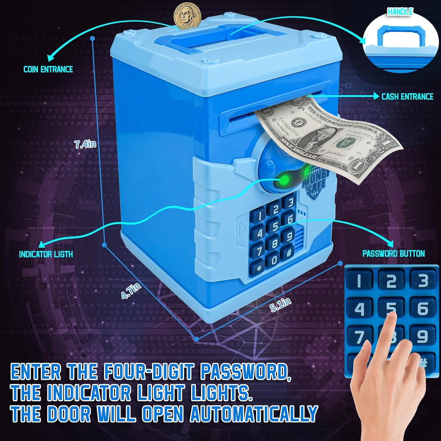 Mini ATM Piggy Bank ATM Machine Best Gift for Kids,Electronic Code Piggy Bank Money Counter Safe Box Coin Bank for Boys Girls Password Lock Case (Blue Robot)