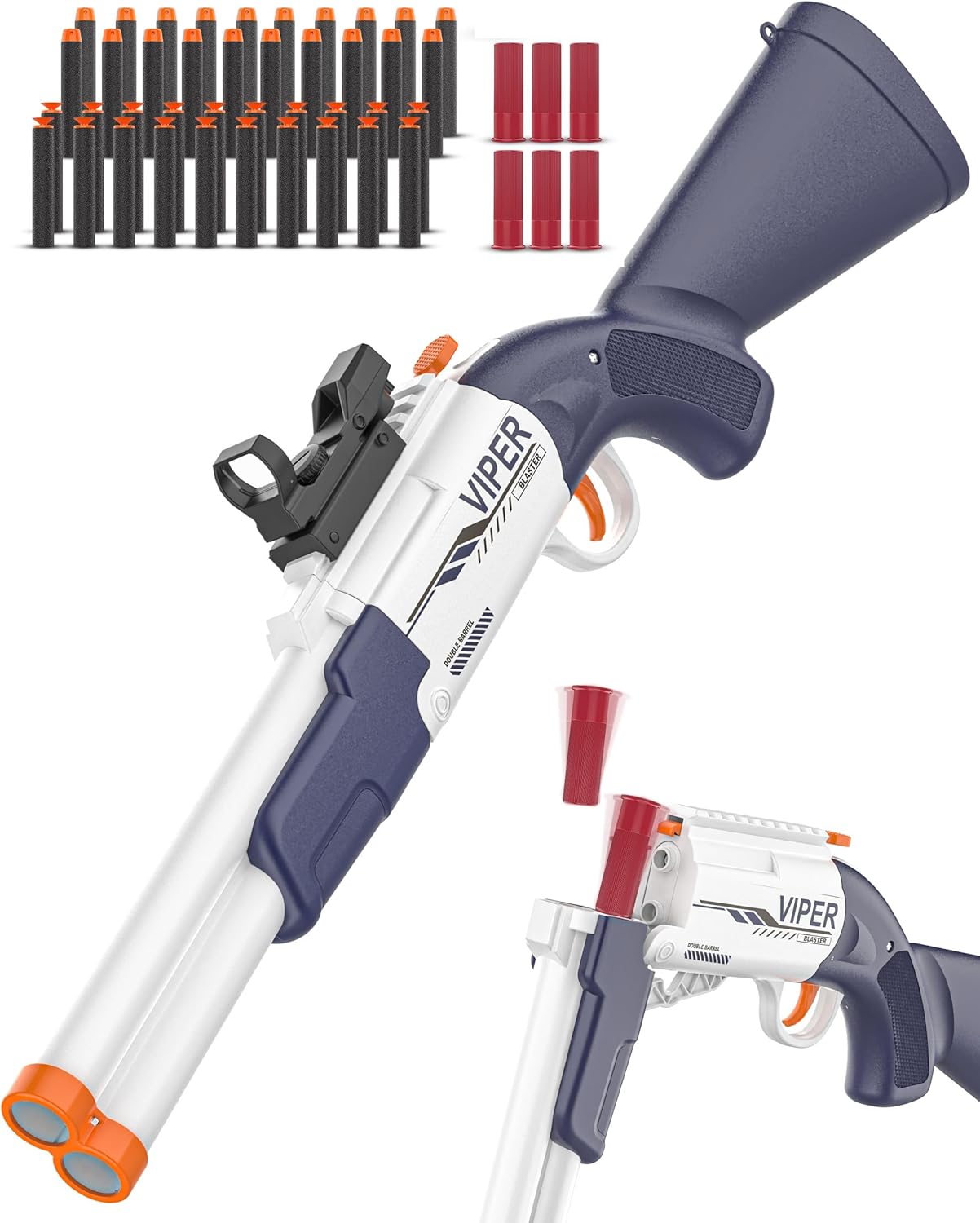 Toy Double Barrel Shotgun with Ejecting Shells - Foam Dart Blaster Including Ammunition Belt, 40 Darts, 12 Shells & Red Dot Sight - Realistic Reloading Action for Kids Aged 8-12