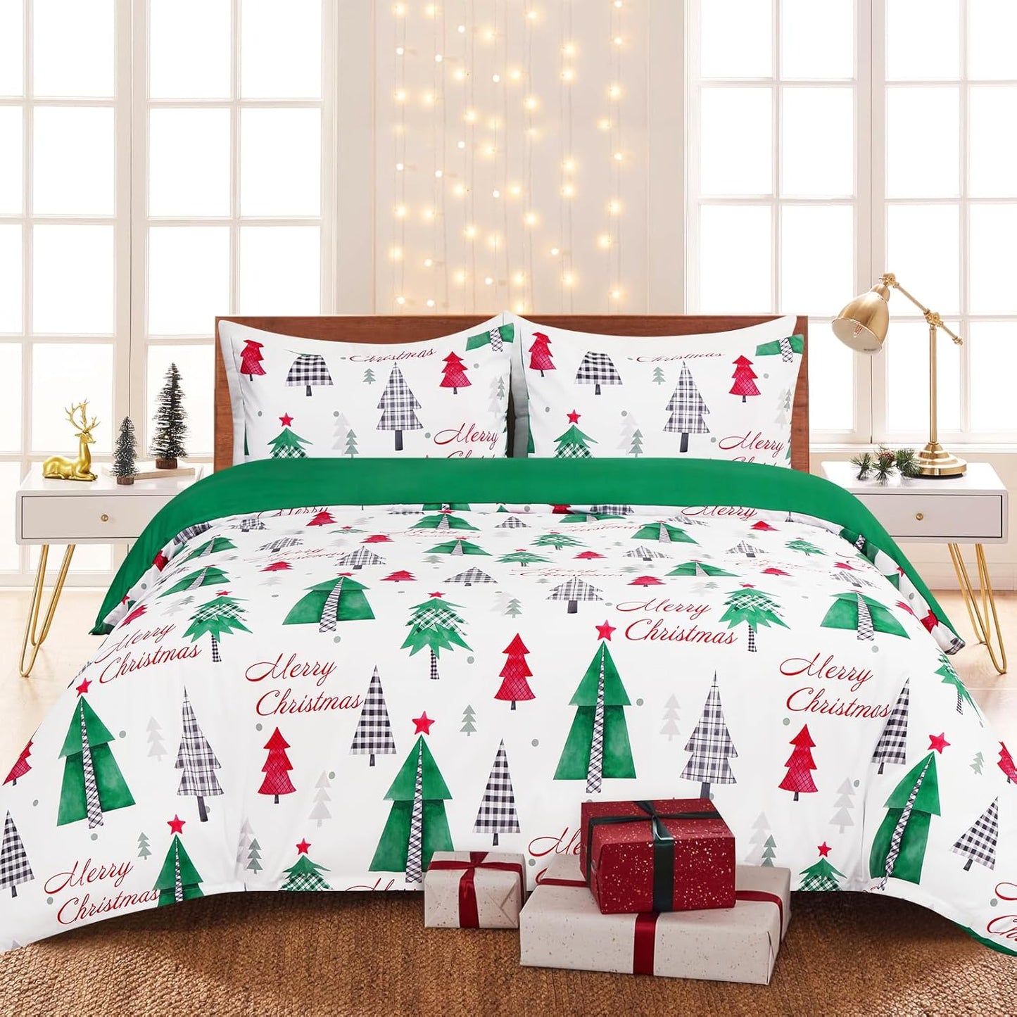 FRAMICS 3 Piece Christmas Duvet Cover King Size, Christmas Tree Duvet Cover Set with Zipper Closure, Merry Christmas Comforter Cover Set 1 Duvet Cover 104 x 90 inches & 2 Pillow Shams, Green