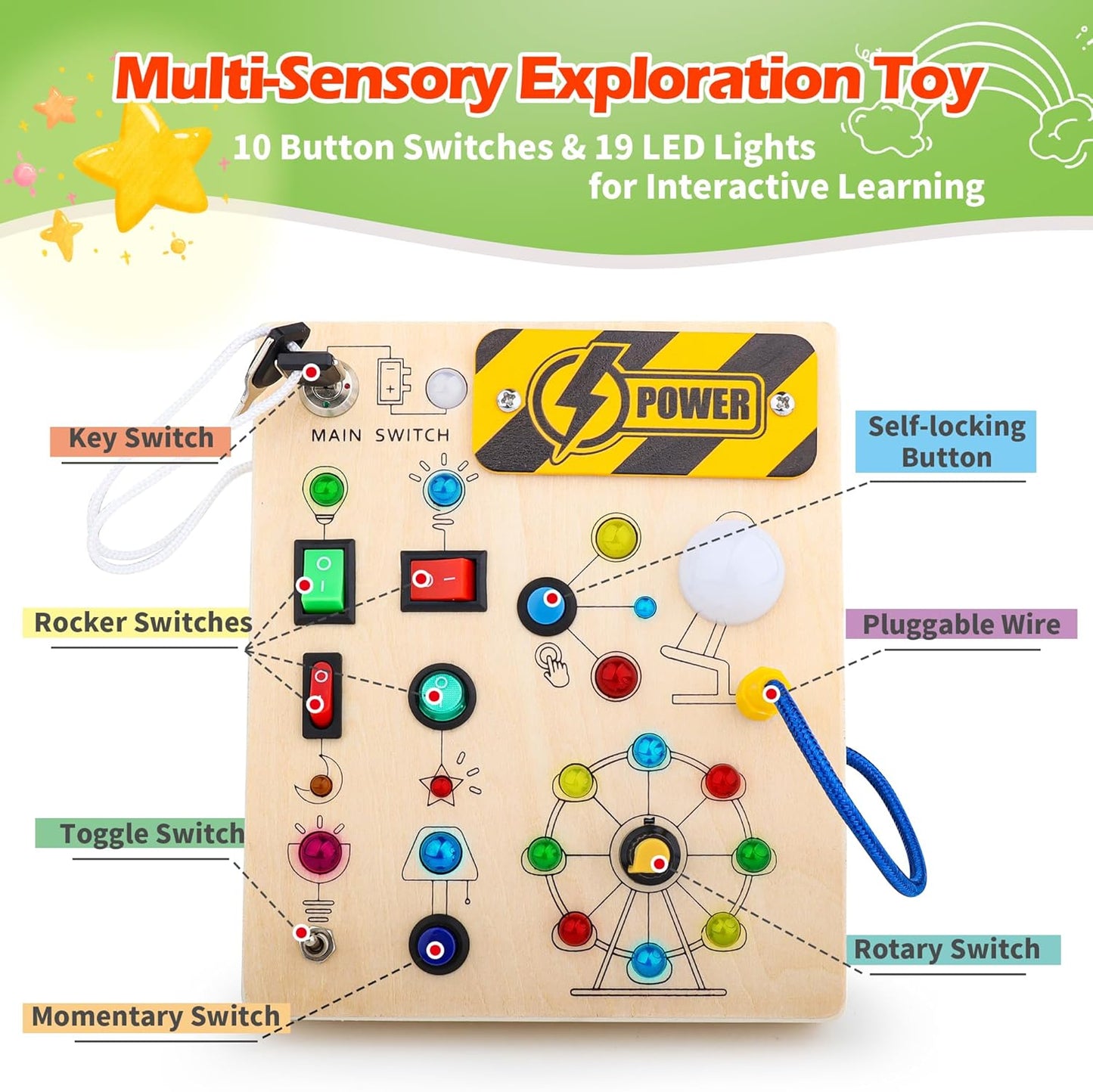 LED Light Switch Activity Busy Board - Montessori Toddler Learning Toys 1-5 Year Old, Fine Motor Skills Busy Board, Travel Sensory Toys for Boys & Girls