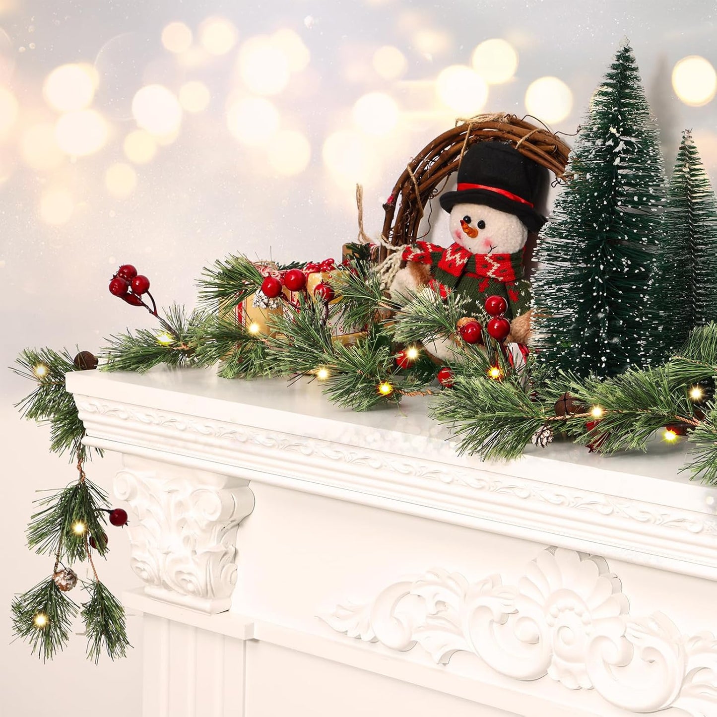 CEWOR 2 Pack 6 Feet Christmas Smokey Pine Garland Artificial Winter Snow Garland with 50 LED for Christmas Indoor Outdoor Decor